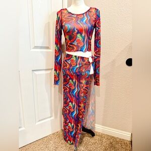 Kendall & Kylie Multicolor Long Sleeve Swim wear Cover Up Set Rainbow Swirl M